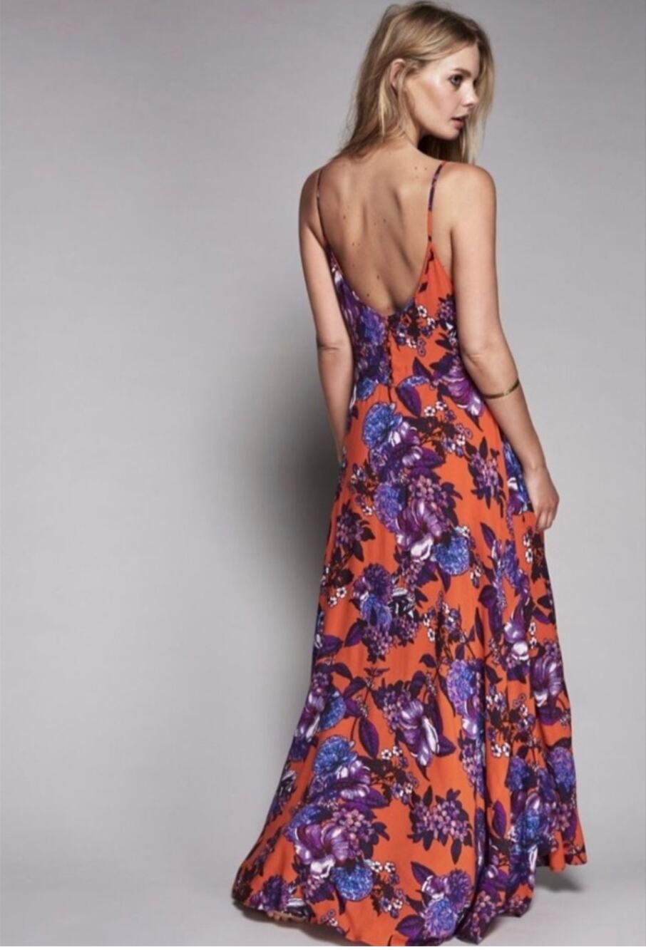Free People Floral Maxi Dress Spaghetti Strap Backless Boho Long Swing Dress